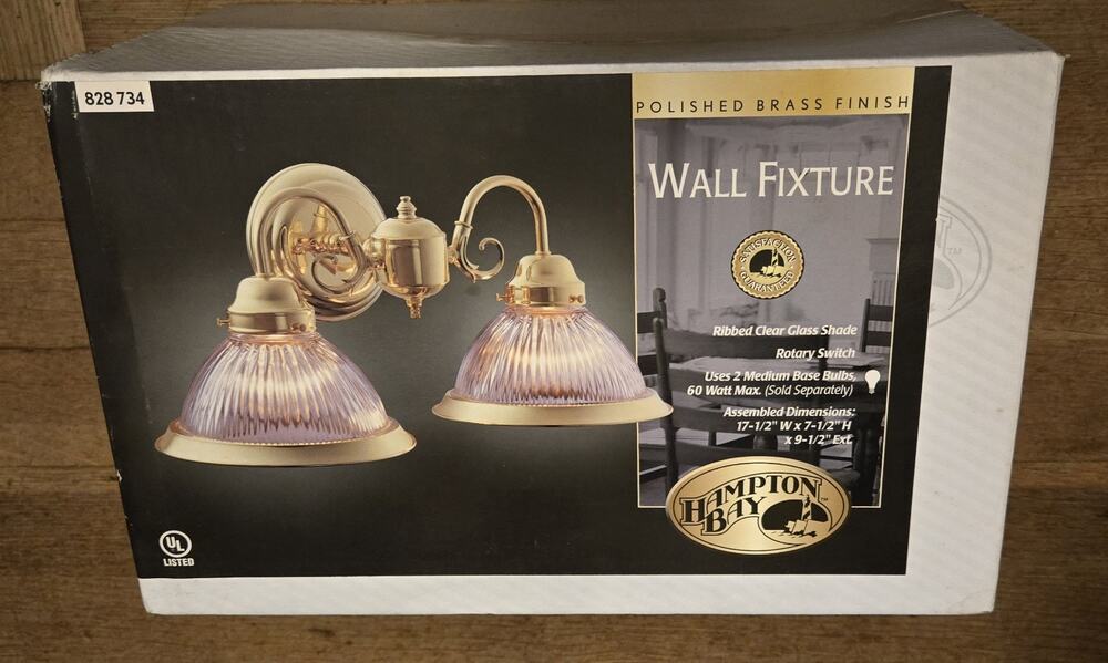 Hampton Bay Wall Fixture Polished Brass Finish Ribbed Glass Shades New Sealed